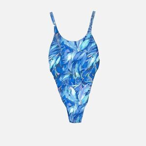 Ekouear Blue Leaf Print Women's One Piece Swimsuit